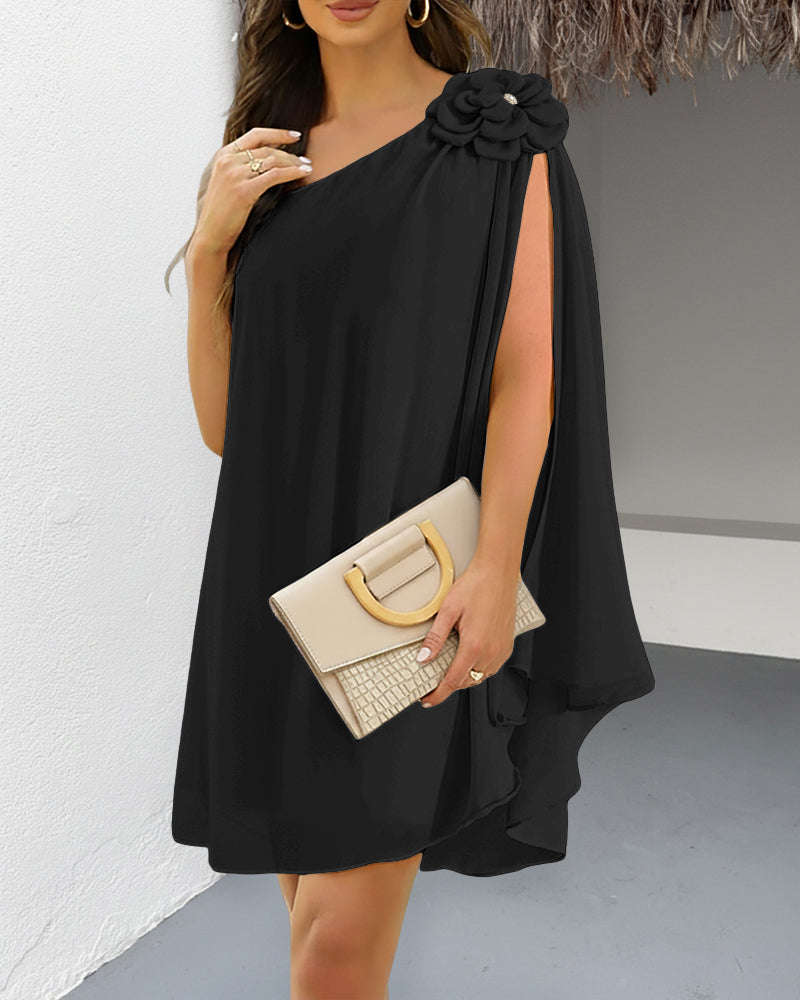3D Flower Decor One Shoulder Sleeveless Mini Dress Casual A Line Vacation Dress - Image 12