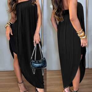Women's Faux Two-Piece Dress Strapless Tube Dress Ruched Asymmetric Hem Dress with Detachable Clear Straps