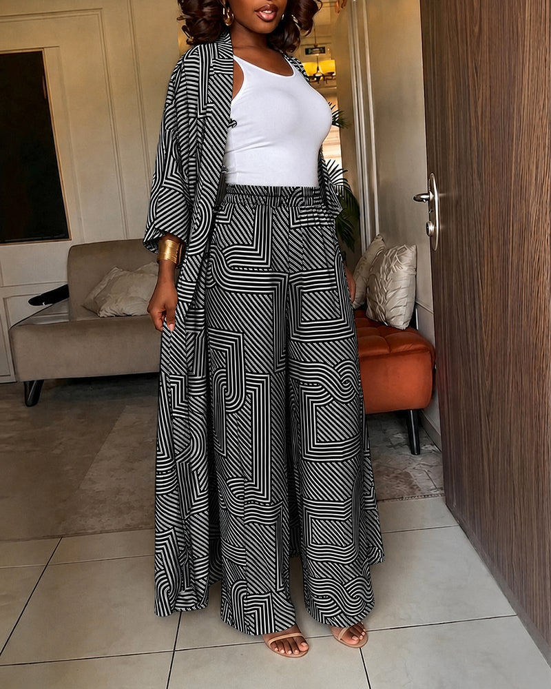 Women's Geometric Print 2 Piece Outfits Batwing Sleeve Loose Longline Coat and High Waisted Wide Leg Pants Set - Image 16