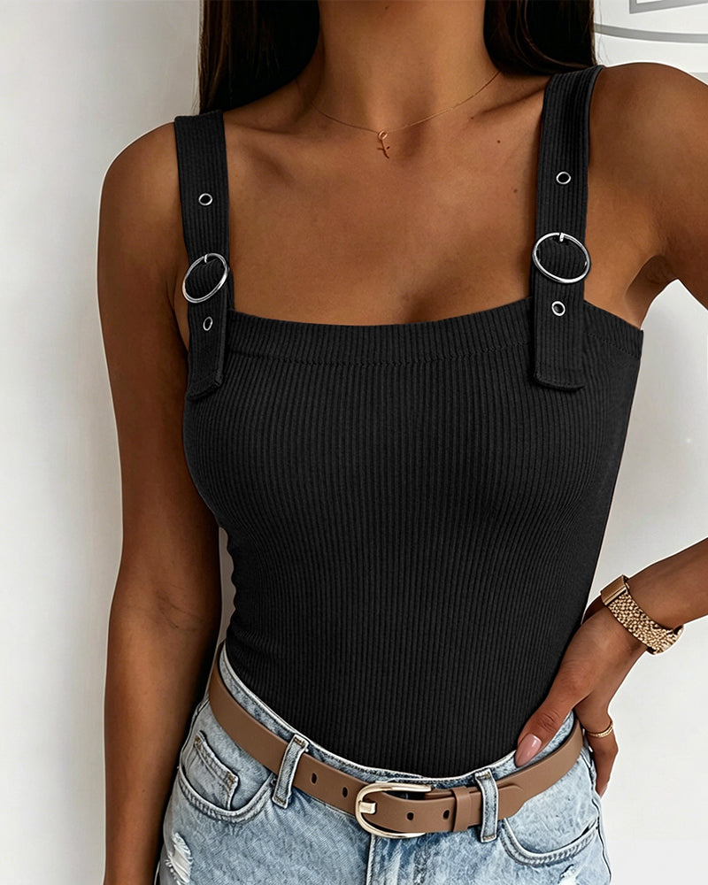 Women's Ribbed Knit Tank Top Square Neck Slim Fit Cami Top Adjustable Eyelet Strap Backless Top - Image 4