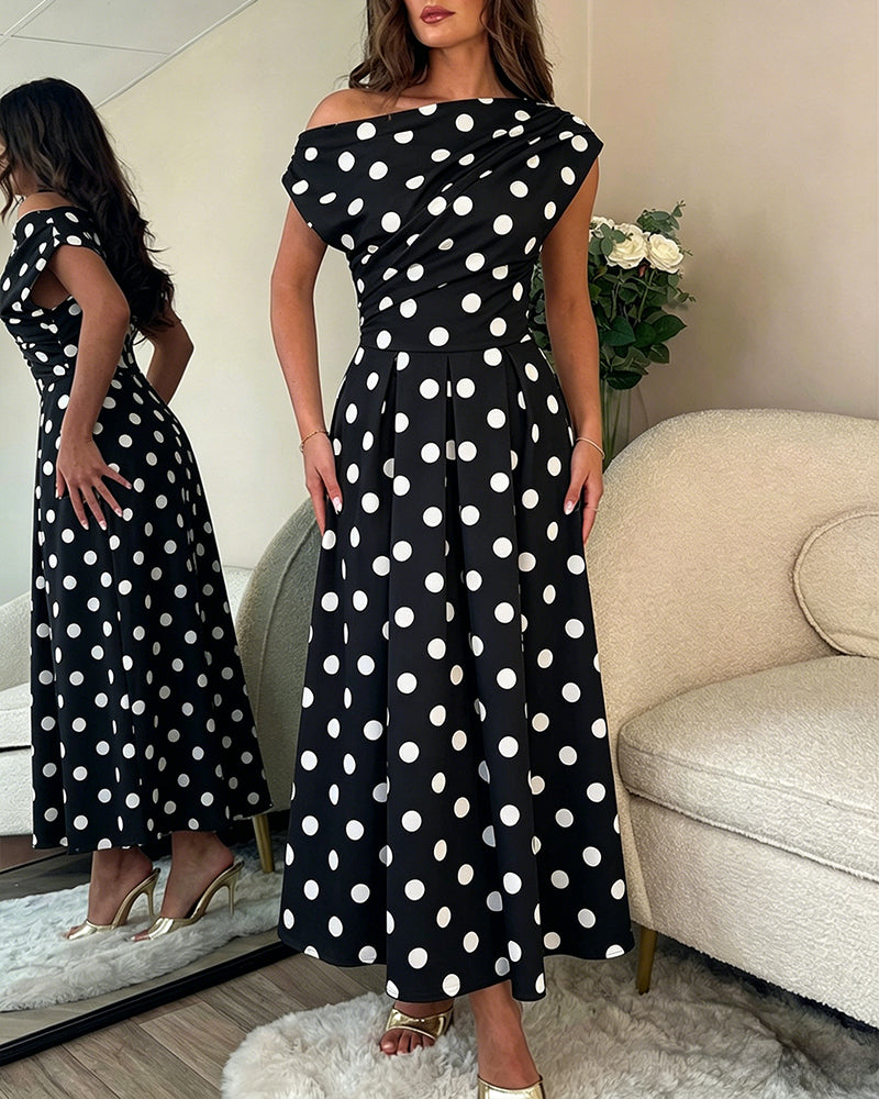 Women's Skew Neck Polka Dot Maxi Dress Ruched A-Line Swing Dress Elegant Party Cocktail Dress with Pockets - Image 8