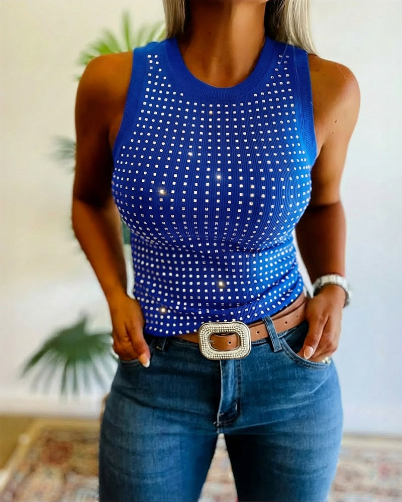 Rhinestone Decor O-neck Sleeveless Tee Slim Fit Ribbed Tank Top - Image 16