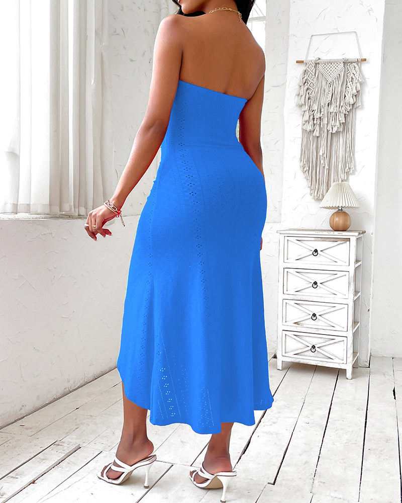 Sleeveless Ruched Cinched Waist Draped Bandeau Dress Eyelet Embroidery Slit Asymmetrical Hem Vacation Dress - Image 30