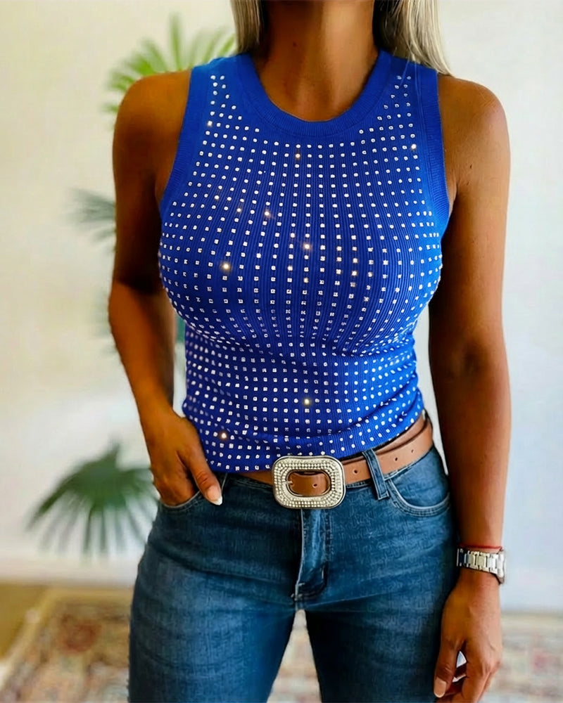 Rhinestone Decor O-neck Sleeveless Tee Slim Fit Ribbed Tank Top - Image 18