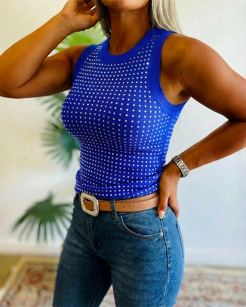 Rhinestone Decor O-neck Sleeveless Tee Slim Fit Ribbed Tank Top - Image 20