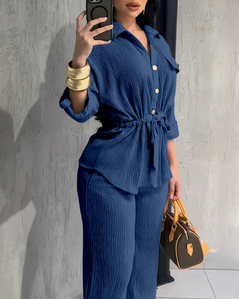 2 Pieces Outfit Vintage Turn-down Collar Roll Up Sleeve Button Front Flap Pocket Design Waist Drawstring Top and Elastic Waist Wide Leg Pants Set Casual Textured Commuting Set - Image 18