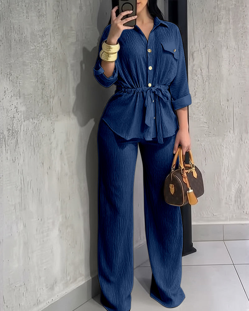 2 Pieces Outfit Vintage Turn-down Collar Roll Up Sleeve Button Front Flap Pocket Design Waist Drawstring Top and Elastic Waist Wide Leg Pants Set Casual Textured Commuting Set - Image 16