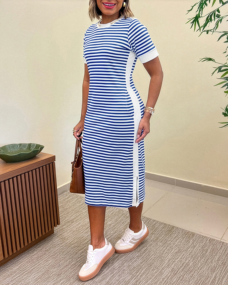 Women's Striped Colorblock Midi T-Shirt Dress Casual Crew Neck Waist-Cinching Slit Dress with Pockets - Image 3