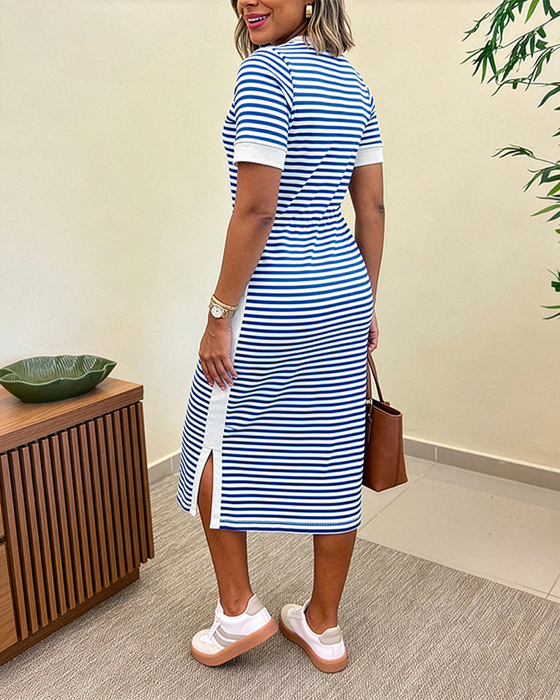 Women's Striped Colorblock Midi T-Shirt Dress Casual Crew Neck Waist-Cinching Slit Dress with Pockets - Image 2