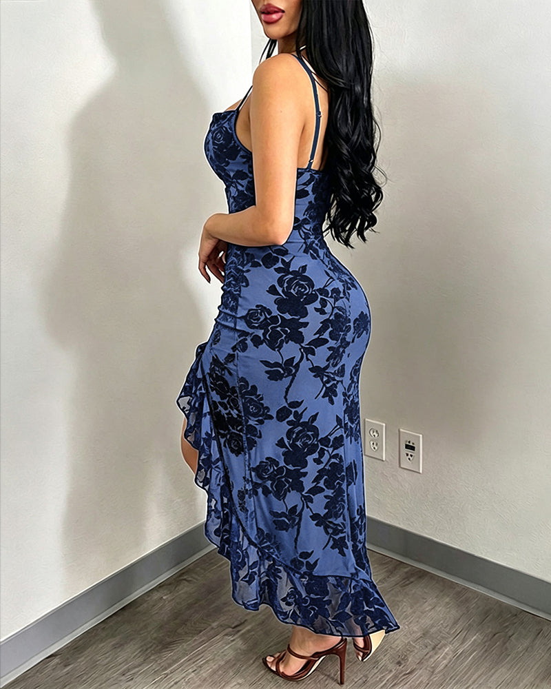 Women's Vintage Flocking Floral Maxi Dress Sexy Cowl Neck Cami Dress High Slit Backless Bodycon Evening Gown - Image 10