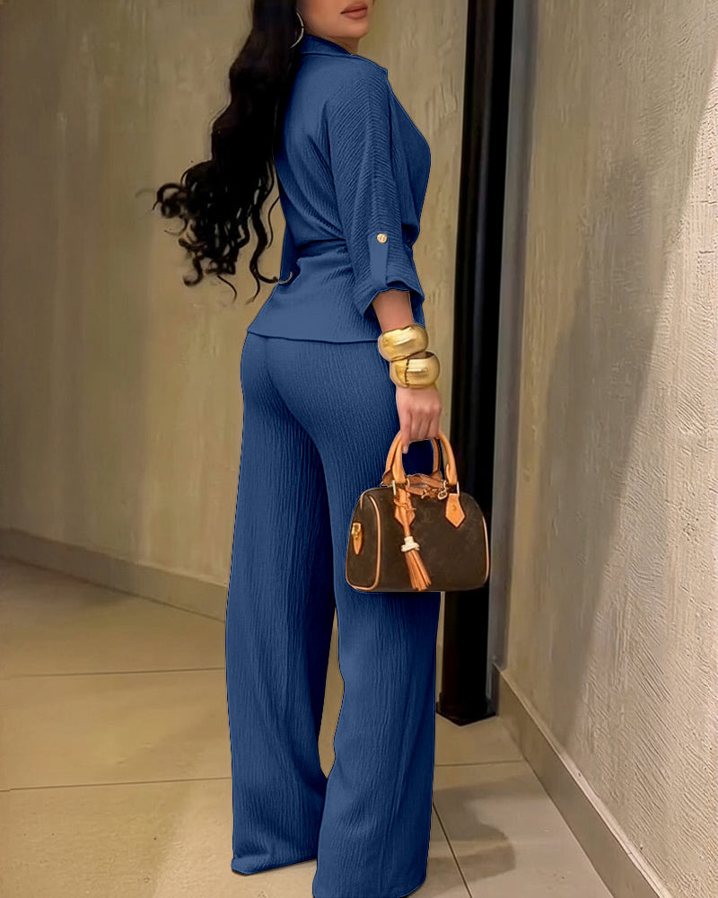 2 Pieces Outfit Vintage Turn-down Collar Roll Up Sleeve Button Front Flap Pocket Design Waist Drawstring Top and Elastic Waist Wide Leg Pants Set Casual Textured Commuting Set - Image 19