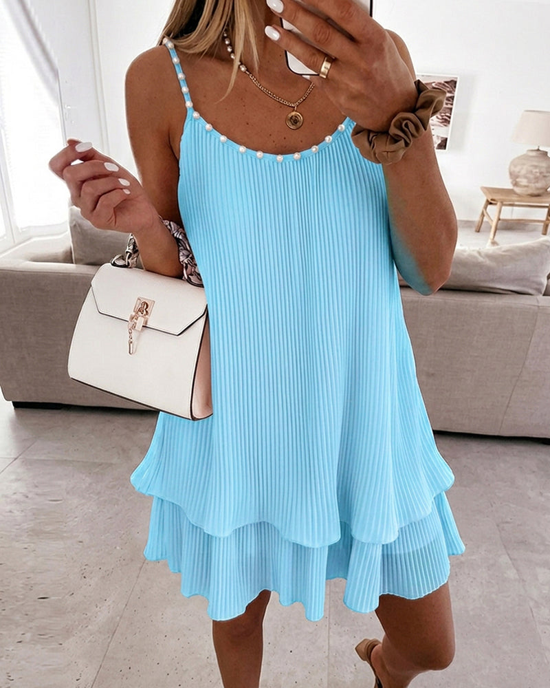 Women's Pearls Embellished Straps Mini Dress Backless Pleated Dress Casual Double Layer Lettuce Trim Cami Sun Dress - Image 17