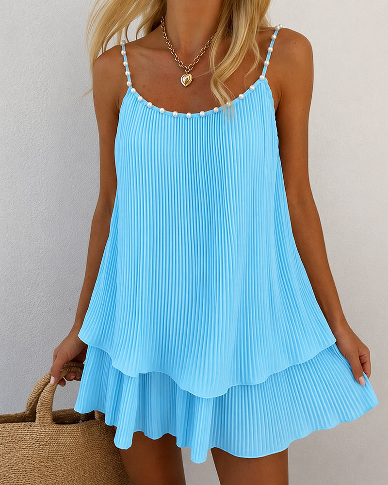 Women's Pearls Embellished Straps Mini Dress Backless Pleated Dress Casual Double Layer Lettuce Trim Cami Sun Dress - Image 21