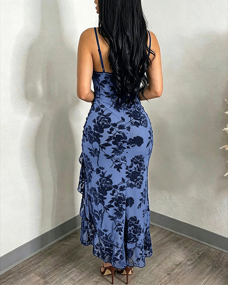 Women's Vintage Flocking Floral Maxi Dress Sexy Cowl Neck Cami Dress High Slit Backless Bodycon Evening Gown - Image 8