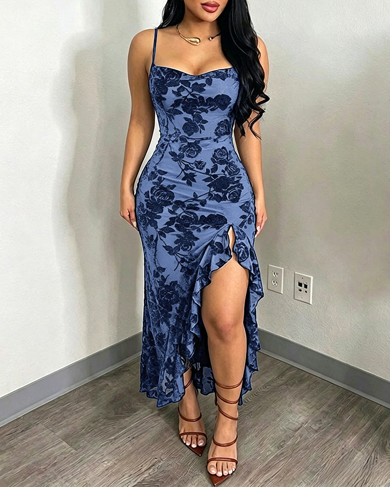 Women's Vintage Flocking Floral Maxi Dress Sexy Cowl Neck Cami Dress High Slit Backless Bodycon Evening Gown - Image 11