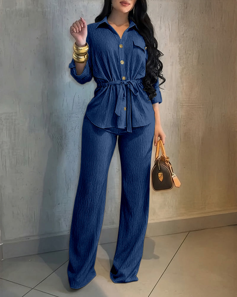 2 Pieces Outfit Vintage Turn-down Collar Roll Up Sleeve Button Front Flap Pocket Design Waist Drawstring Top and Elastic Waist Wide Leg Pants Set Casual Textured Commuting Set - Image 14