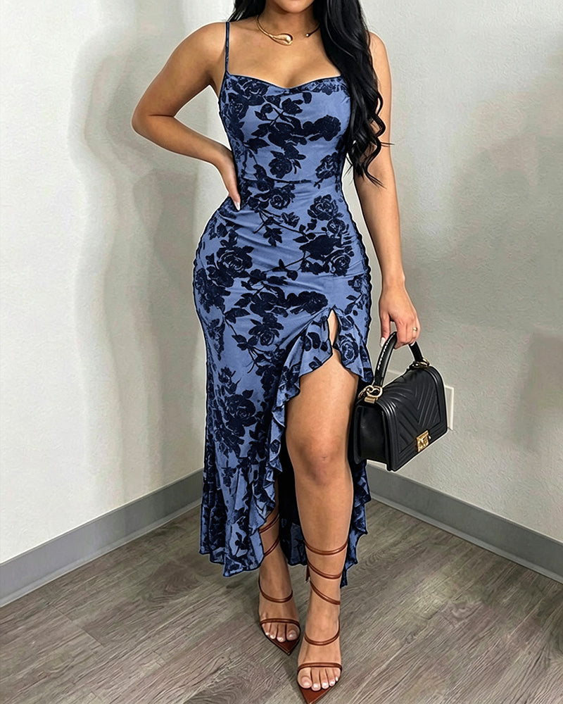 Women's Vintage Flocking Floral Maxi Dress Sexy Cowl Neck Cami Dress High Slit Backless Bodycon Evening Gown - Image 12