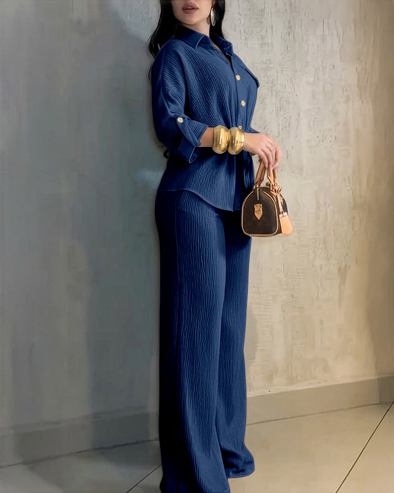 2 Pieces Outfit Vintage Turn-down Collar Roll Up Sleeve Button Front Flap Pocket Design Waist Drawstring Top and Elastic Waist Wide Leg Pants Set Casual Textured Commuting Set - Image 17
