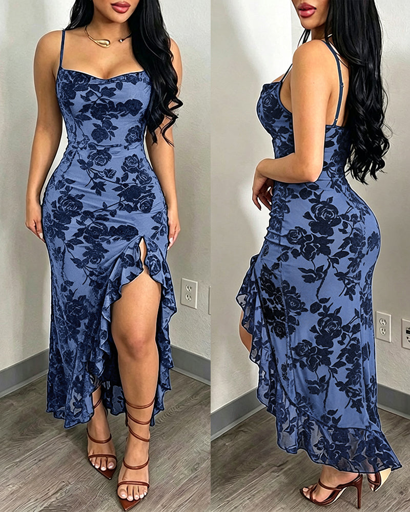 Women's Vintage Flocking Floral Maxi Dress Sexy Cowl Neck Cami Dress High Slit Backless Bodycon Evening Gown - Image 7