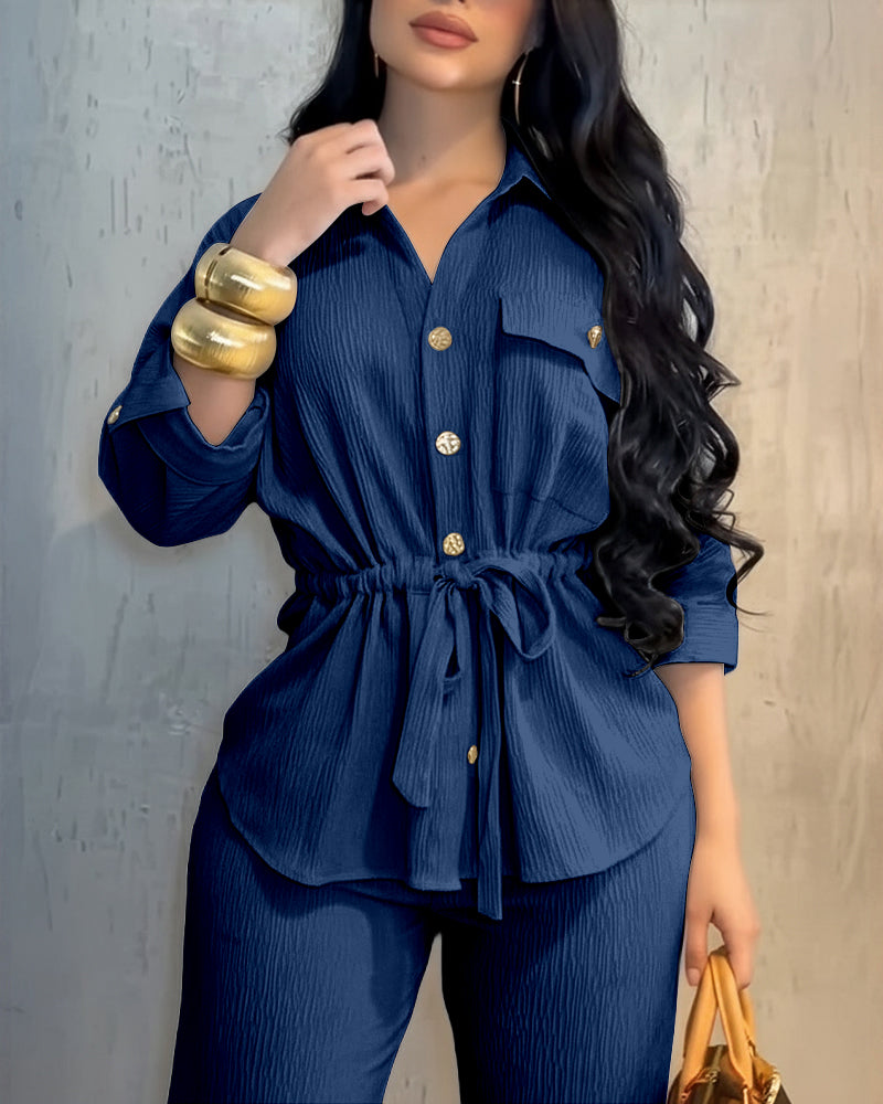 2 Pieces Outfit Vintage Turn-down Collar Roll Up Sleeve Button Front Flap Pocket Design Waist Drawstring Top and Elastic Waist Wide Leg Pants Set Casual Textured Commuting Set - Image 20