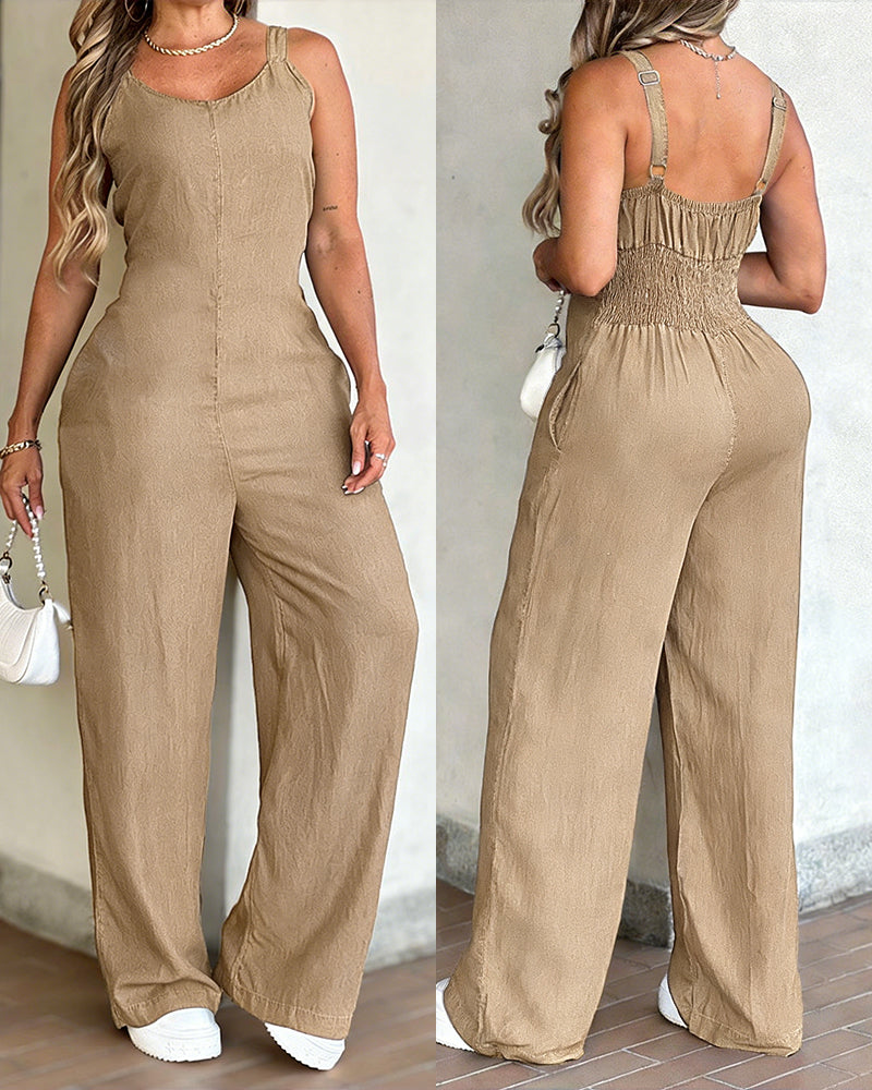 V-Neck Adjustable Thick Straps Denim Overalls Casual Shirred Back Wide Leg Suspender Jumpsuit - Image 12