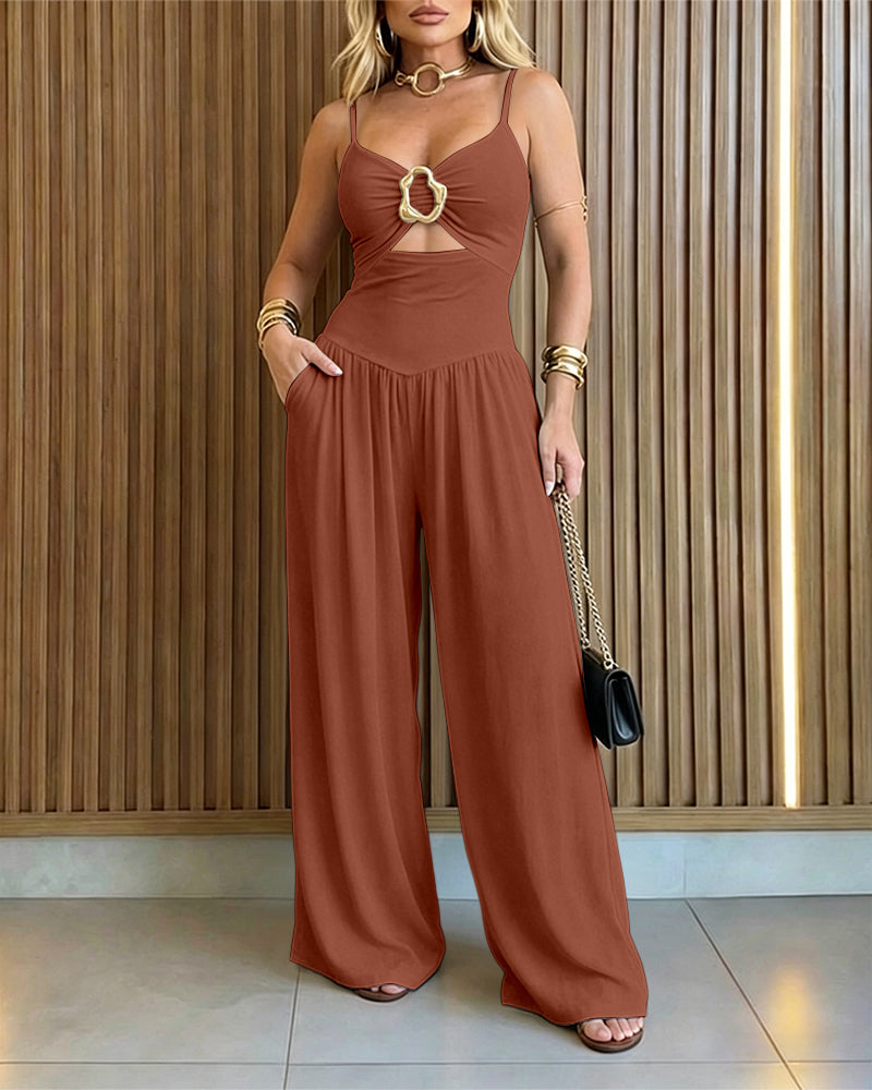 Women's Gold Ring Hollow Out Wide Leg Jumpsuit Backless Adjustable Strap Romper Elegant Party Jumpsuit - Image 14