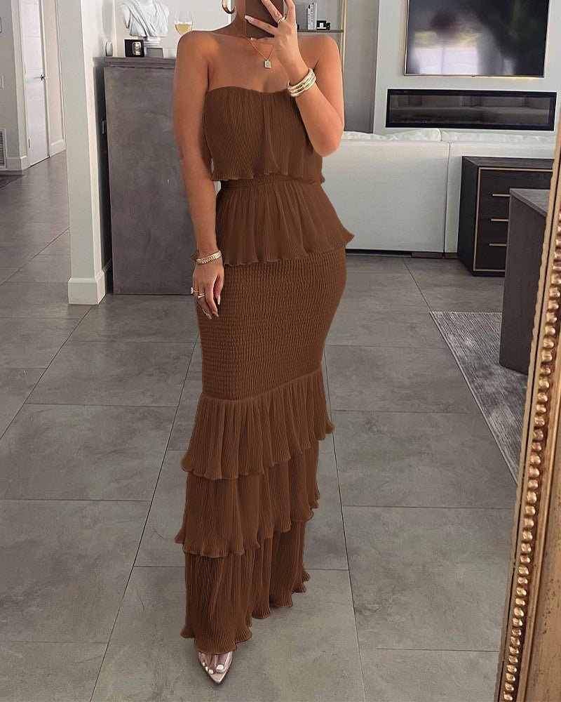 Layered Ruffle Shirred Slim Fit Strapless Dress Textured Maxi Party Dress - Image 15