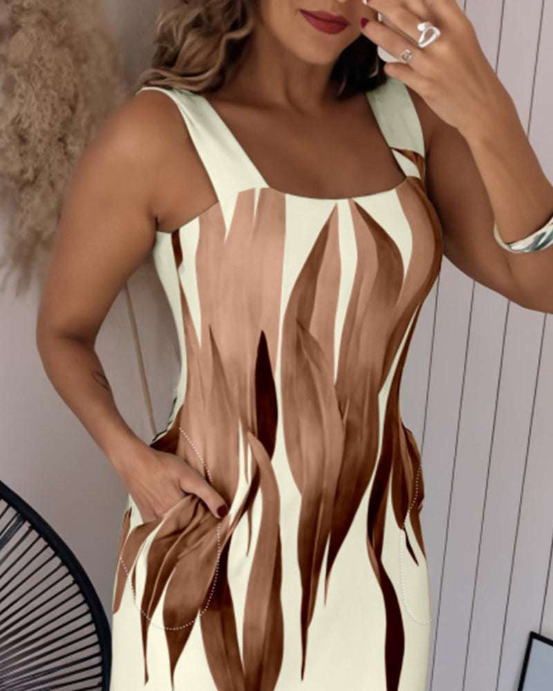Plants Print Square Neck Thick Strap Maxi Dress Casual Slim Fit Side Slit Vacation Dress with Pockets - Image 21