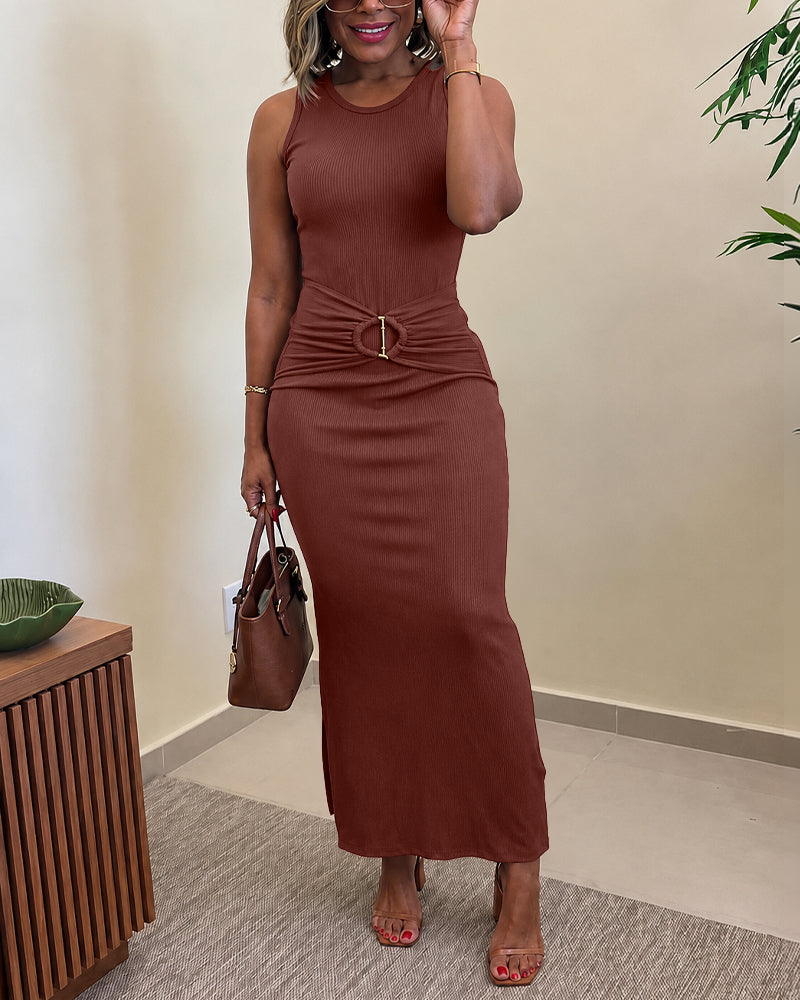 Women's Rib Knit Sleeveless Maxi Dress Ruched Gold Buckle High Waist Side Slit Bodycon Dress - Image 16
