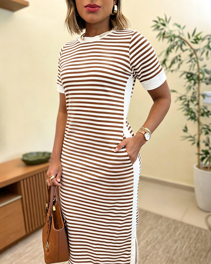 Women's Striped Colorblock Midi T-Shirt Dress Casual Crew Neck Waist-Cinching Slit Dress with Pockets - Image 15