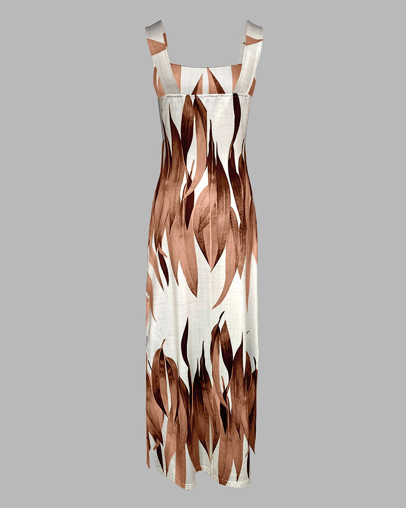 Plants Print Square Neck Thick Strap Maxi Dress Casual Slim Fit Side Slit Vacation Dress with Pockets - Image 24