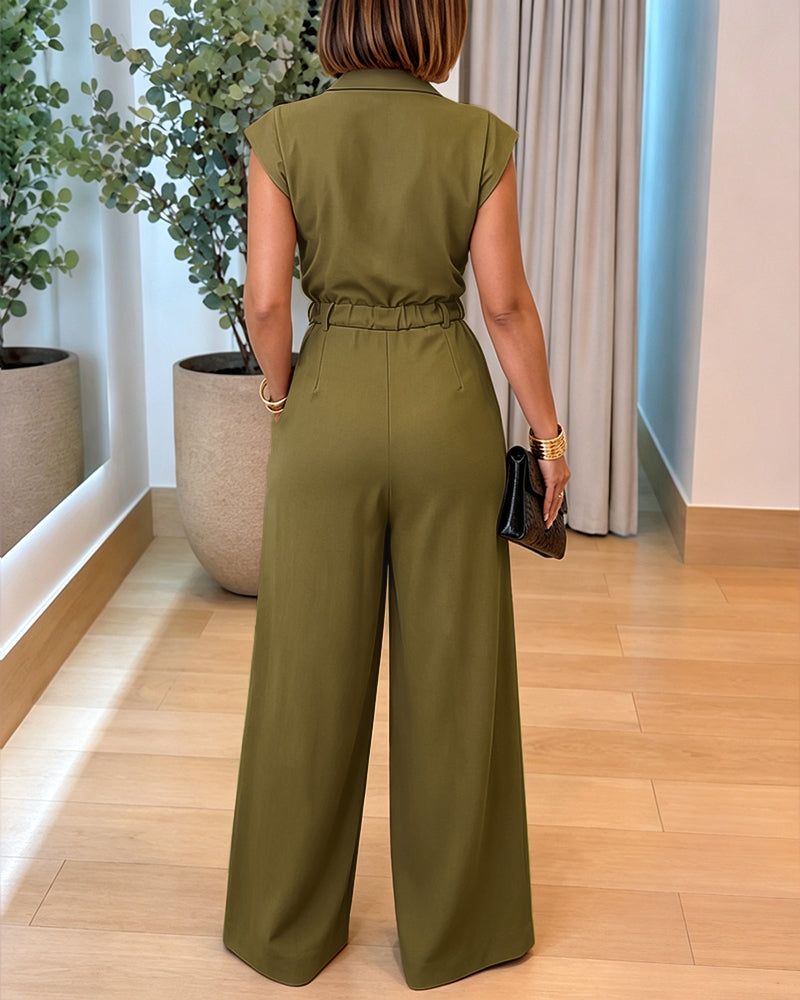 Women's Lapel V Neck Jumpsuit Cap Sleeve High Waisted Wide Leg Overalls Elegant Suit Jumpsuit - Image 25