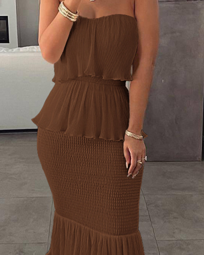 Layered Ruffle Shirred Slim Fit Strapless Dress Textured Maxi Party Dress - Image 16