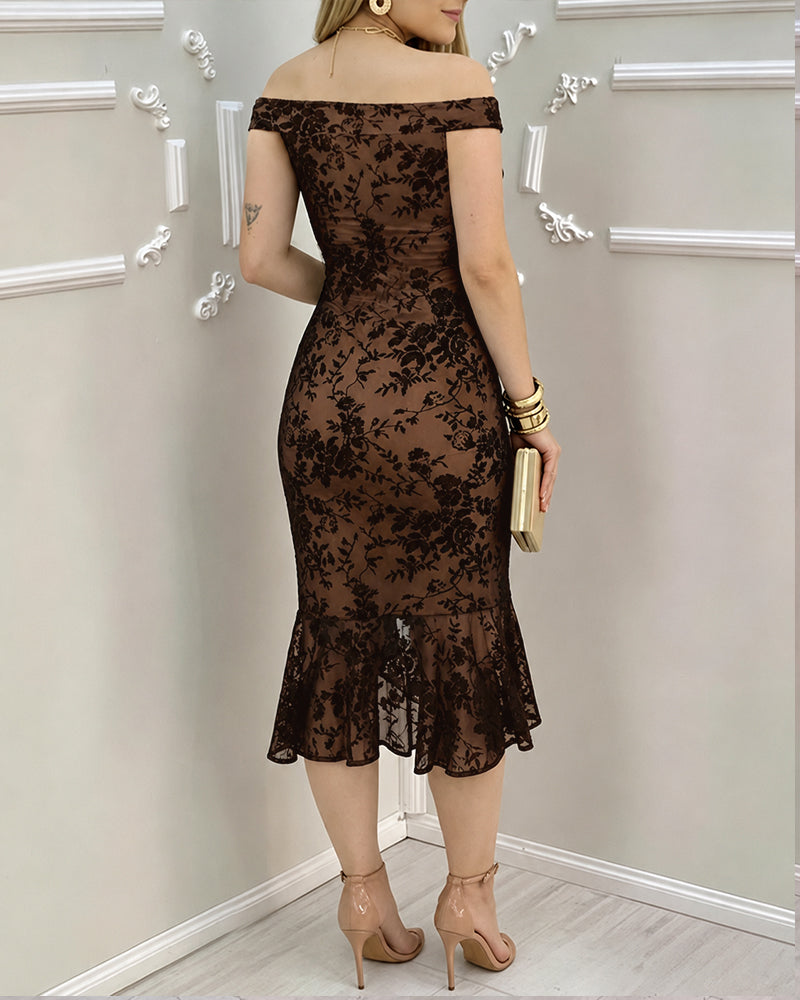 Women's Flock Floral Mesh Dress Off Shoulder Ruffle Hem Bodycon Dress Slit Evening Party Mermaid Gown - Image 14