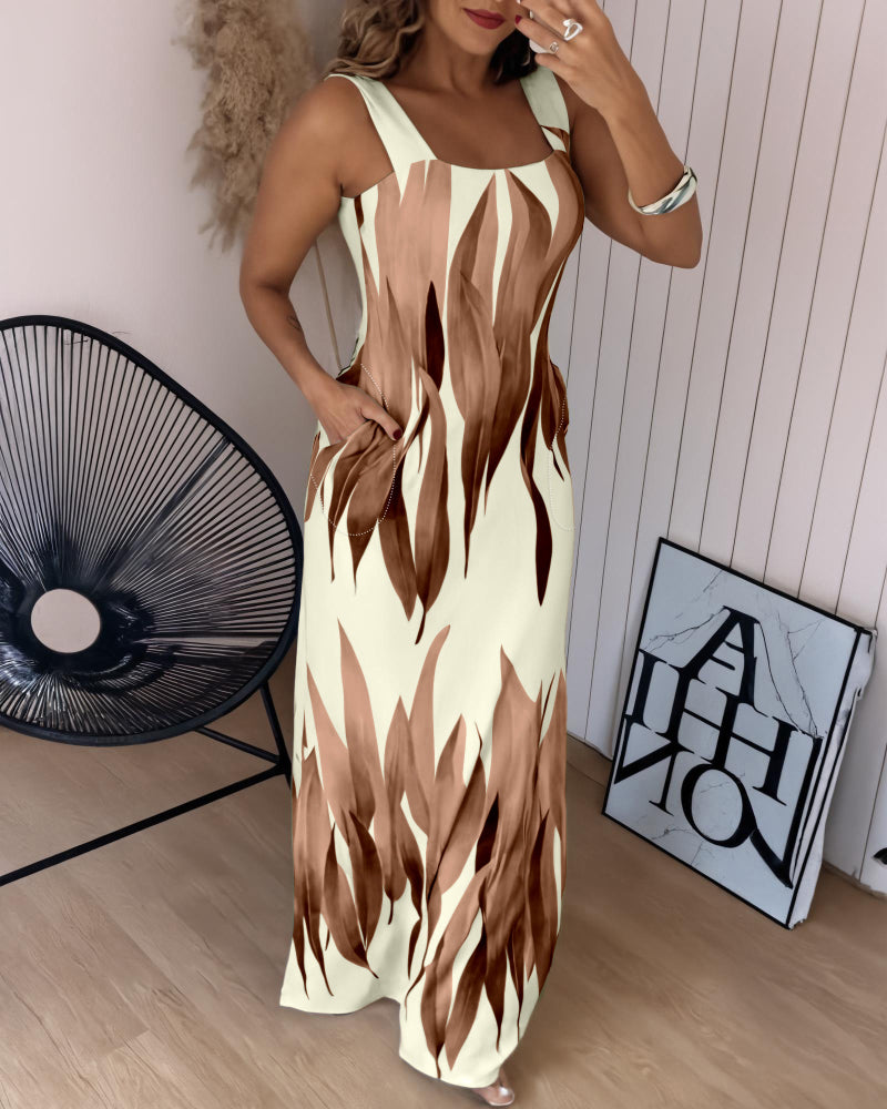 Plants Print Square Neck Thick Strap Maxi Dress Casual Slim Fit Side Slit Vacation Dress with Pockets - Image 20