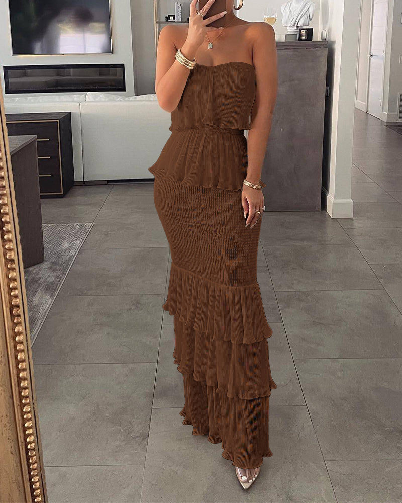 Layered Ruffle Shirred Slim Fit Strapless Dress Textured Maxi Party Dress - Image 17