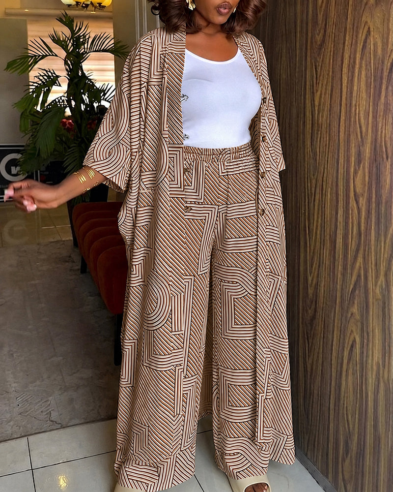 Women's Geometric Print 2 Piece Outfits Batwing Sleeve Loose Longline Coat and High Waisted Wide Leg Pants Set - Image 19