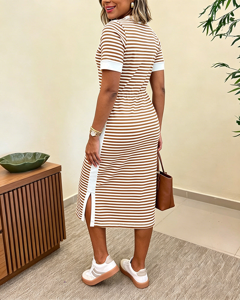 Women's Striped Colorblock Midi T-Shirt Dress Casual Crew Neck Waist-Cinching Slit Dress with Pockets - Image 12