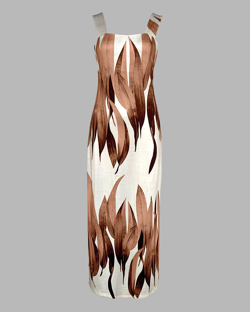 Plants Print Square Neck Thick Strap Maxi Dress Casual Slim Fit Side Slit Vacation Dress with Pockets - Image 23
