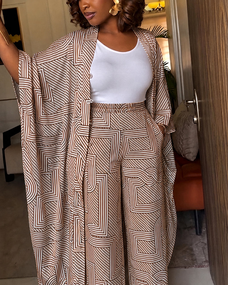 Women's Geometric Print 2 Piece Outfits Batwing Sleeve Loose Longline Coat and High Waisted Wide Leg Pants Set - Image 20