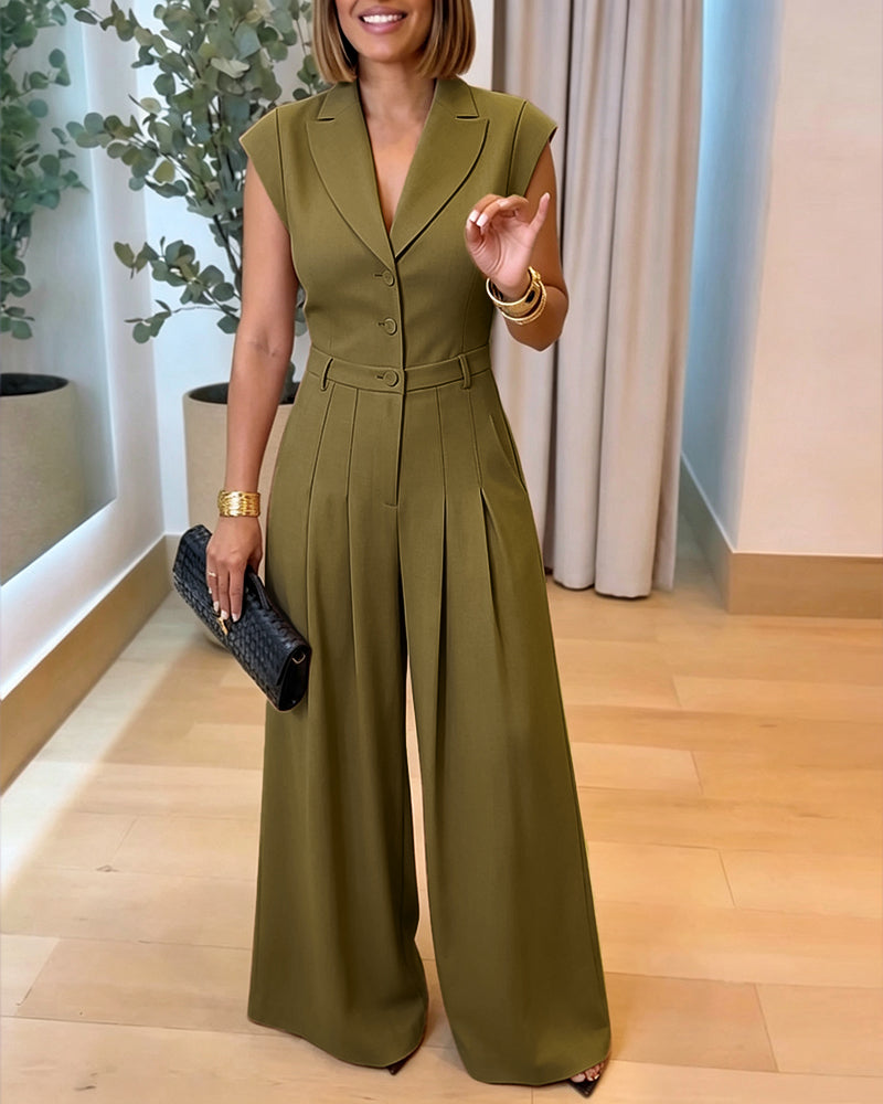 Women's Lapel V Neck Jumpsuit Cap Sleeve High Waisted Wide Leg Overalls Elegant Suit Jumpsuit - Image 24