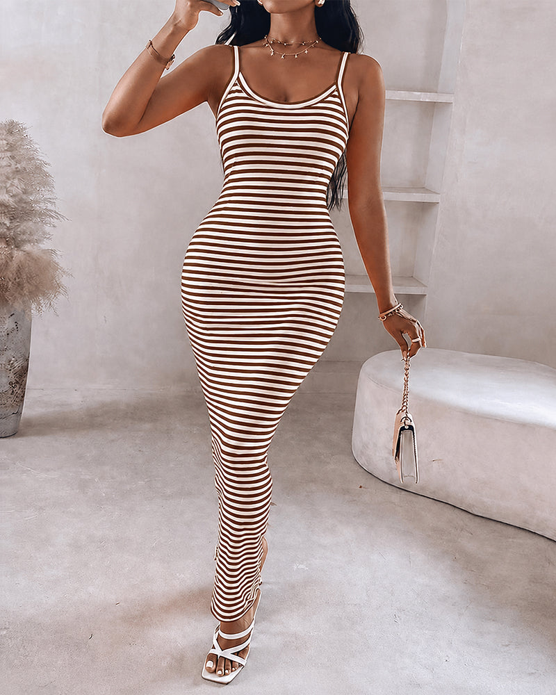 Women's Striped Ribbed Knit Maxi Dress Slim Fit Sleeveless Cami Dress Beach Vacation Sundress - Image 16