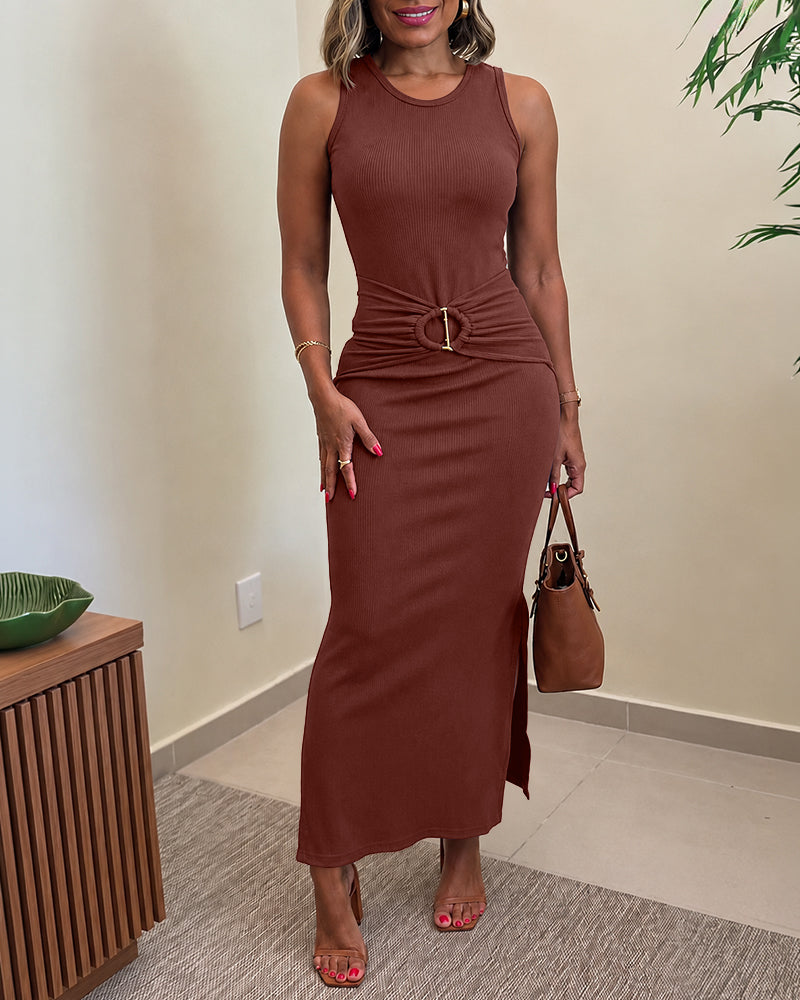 Women's Rib Knit Sleeveless Maxi Dress Ruched Gold Buckle High Waist Side Slit Bodycon Dress - Image 19