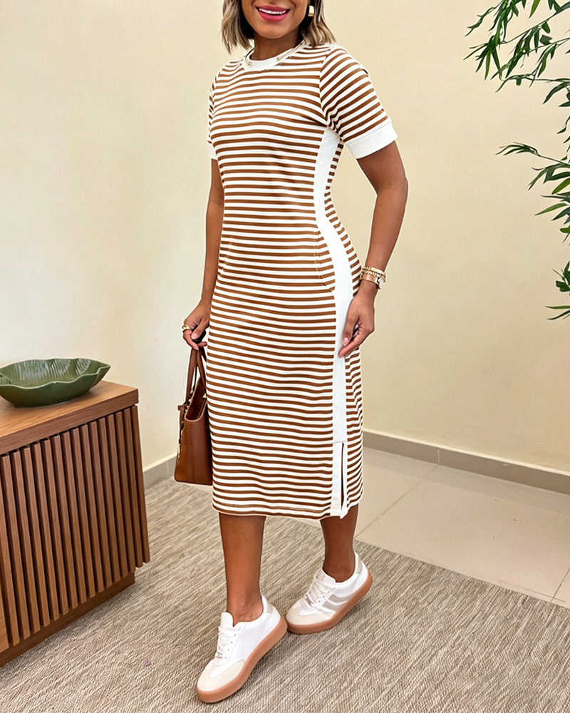 Women's Striped Colorblock Midi T-Shirt Dress Casual Crew Neck Waist-Cinching Slit Dress with Pockets - Image 17