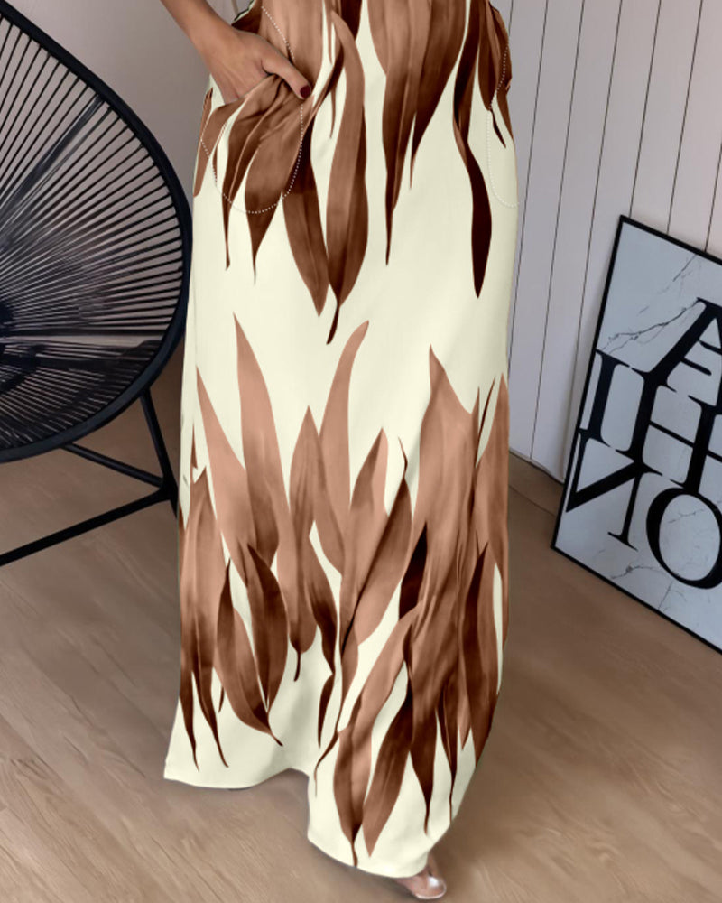 Plants Print Square Neck Thick Strap Maxi Dress Casual Slim Fit Side Slit Vacation Dress with Pockets - Image 22
