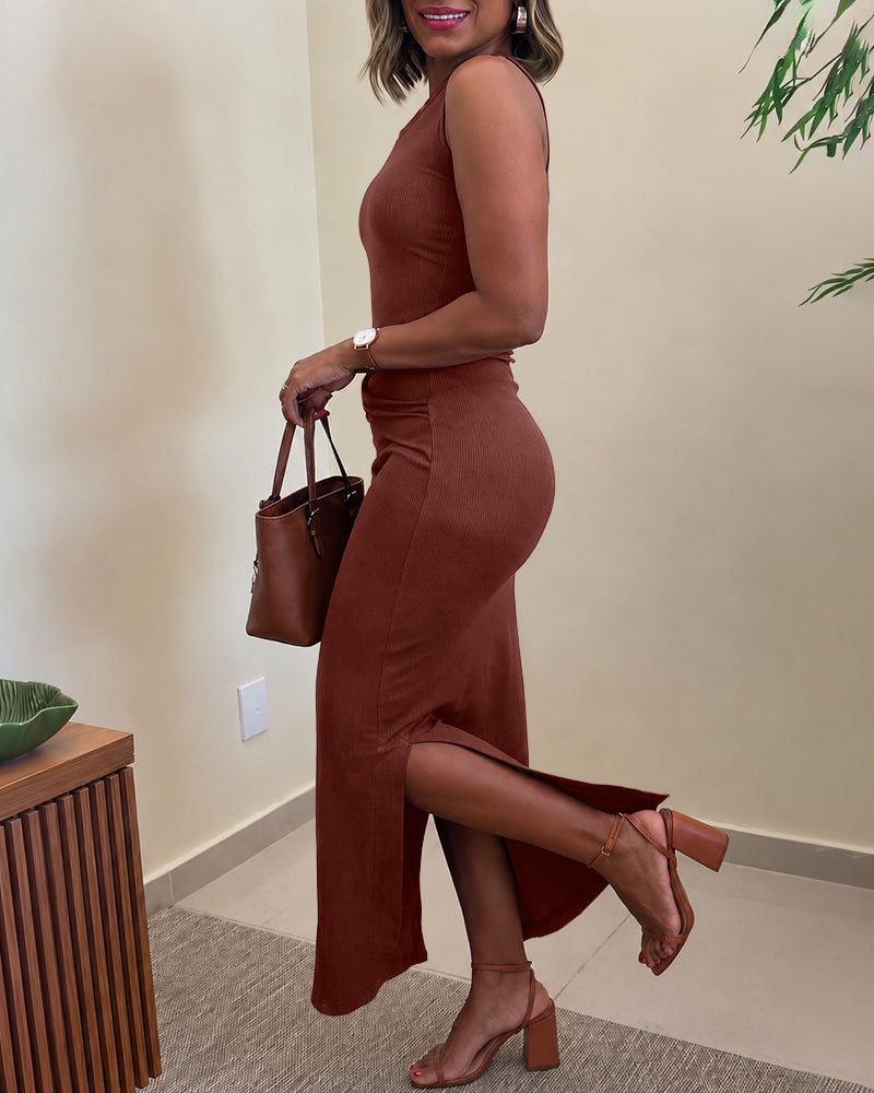 Women's Rib Knit Sleeveless Maxi Dress Ruched Gold Buckle High Waist Side Slit Bodycon Dress - Image 20