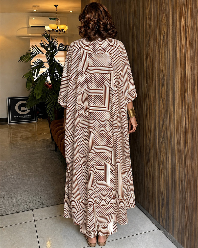 Women's Geometric Print 2 Piece Outfits Batwing Sleeve Loose Longline Coat and High Waisted Wide Leg Pants Set - Image 18