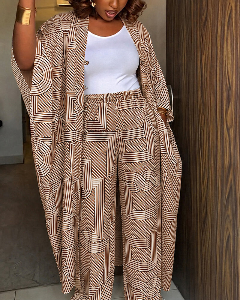 Women's Geometric Print 2 Piece Outfits Batwing Sleeve Loose Longline Coat and High Waisted Wide Leg Pants Set - Image 22