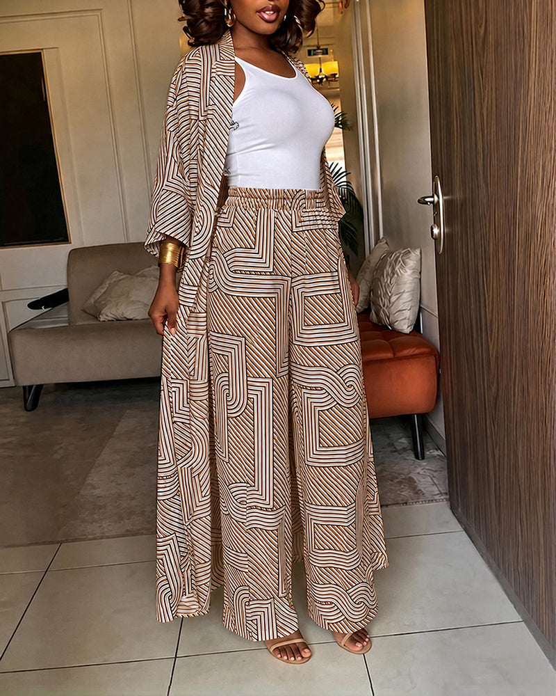 Women's Geometric Print 2 Piece Outfits Batwing Sleeve Loose Longline Coat and High Waisted Wide Leg Pants Set - Image 23