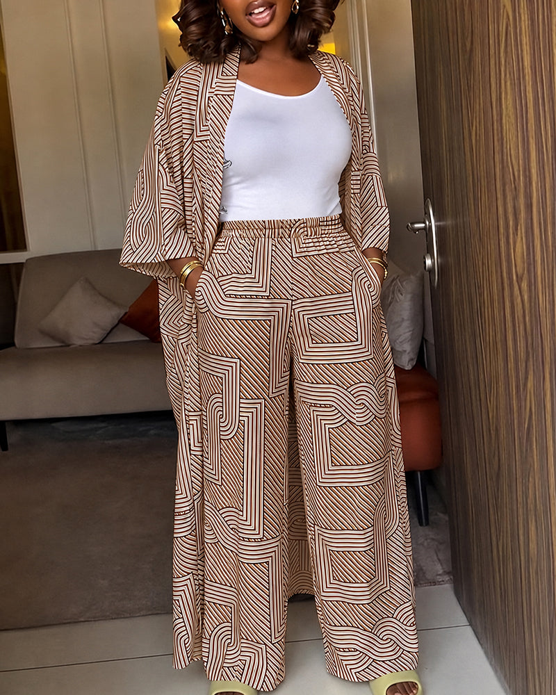 Women's Geometric Print 2 Piece Outfits Batwing Sleeve Loose Longline Coat and High Waisted Wide Leg Pants Set - Image 24